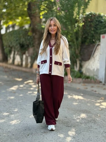 Kadın Uzun Kollu Ribanali Cep Detay Hırka Ve Bol Paça Pantolon Ikili Takım - 8