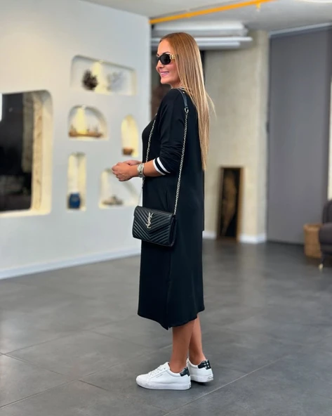 Kadın Uzun Kollu V Ribana Yakalı Yanlardan Yırtmaçlı Midi Viskon Iki Iplik Elbise - Resim 2