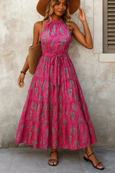 Kadın Omuzlardan Açık Boyundan Geçmeli Desenli Süprem Bluz ürün görseli