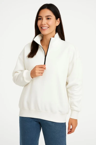 Üç İplik Dık Yaka Yarım Fermuarlı SweatShirt - Beyaz ürün görseli