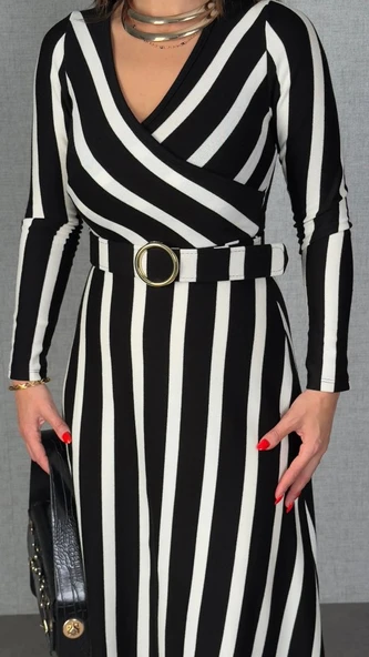 Kadın Uzun Kollu Kruvaze Yaka Kemer Dahil çizgili Triko Elbise - Resim 2