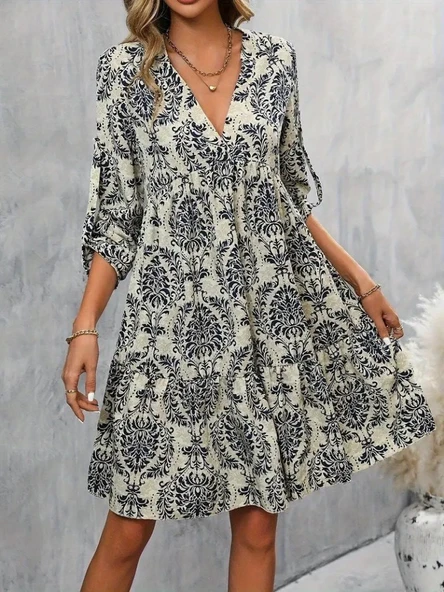 Kadın Uzun Kollu V Yakalı Fırfırlı Mini Süprem Elbise - Resim 3