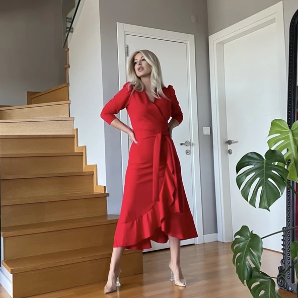 Krep Kumaş Midi Boy Kuşaklı Uzunkol Elbise - Resim 2