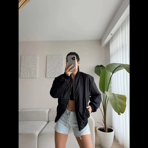Unisex İçi Astarlı Düz Bomber Ceket - Siyah - Resim 2