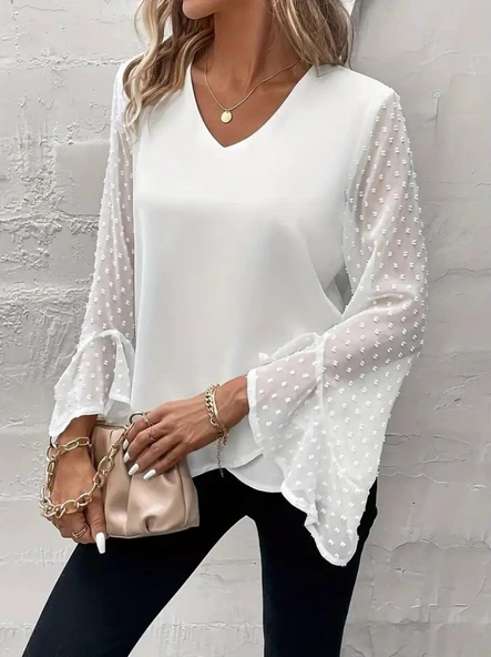 Kadın Uzun Kollu V Yakalı Kolları Ispanyol Detayı Sandy Bluz - Resim 3