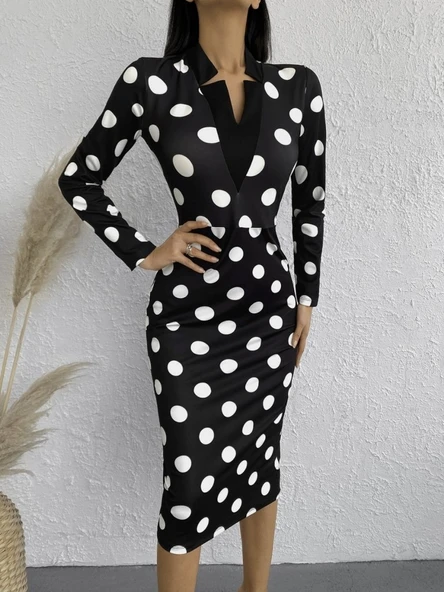 Kadın Uzun Kollu V Yaka Puantiyeli Krep Midi Boy Elbise - Resim 6