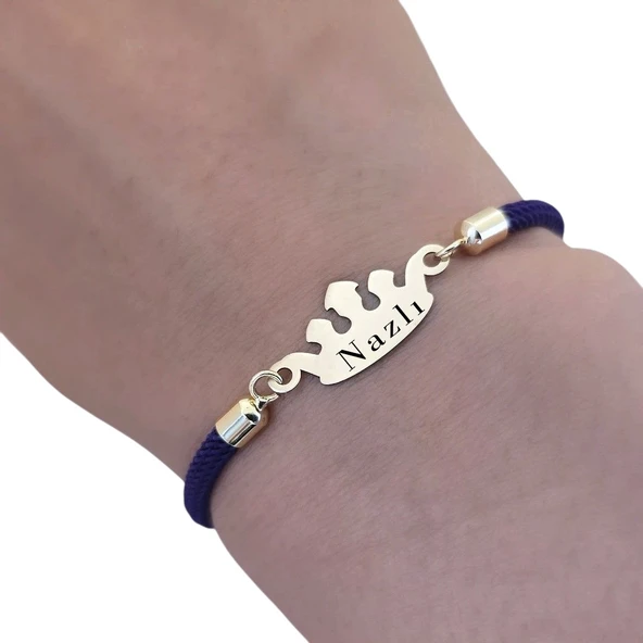 14 Ayar Altın Plakalı İsme Özel Taç Figürlü Koyu Mor Örgü İpli Hediye Bileklik-623 - Resim 3