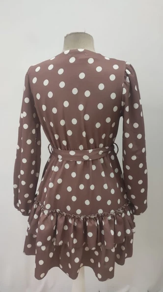 Kadın Uzun Kollu V Yakalı Belden Kuşaklı Puantiyeli Mini Modal Elbise - Resim 6