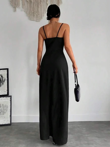 Kadın Askılı Kruvaze Yaka Derin Yırtmaçlı Krep Elbise - Resim 7