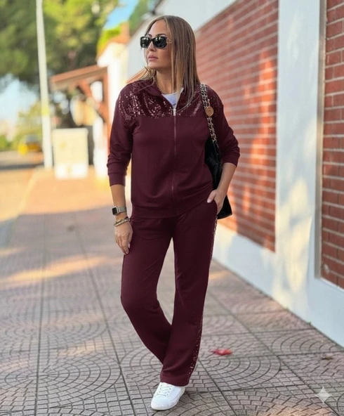 Kadın Uzun Kollu önden Fermuarlı Pul Payetli Alt üst Viskon Iki Iplik Takım - Resim 3