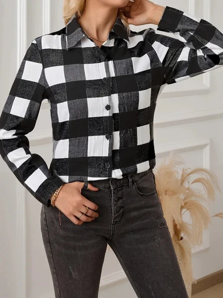 Kadın Uzun Kollu Ekoseli önden Düğmeli Dokuma Uzun Gömlek - Resim 2