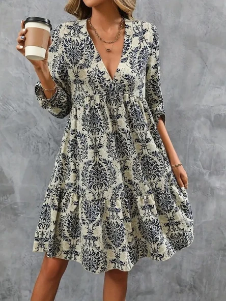 Kadın Uzun Kollu V Yakalı Fırfırlı Mini Süprem Elbise - Resim 6