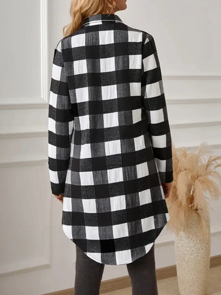 Kadın Uzun Kollu Ekoseli önden Düğmeli Dokuma Uzun Gömlek - Resim 6