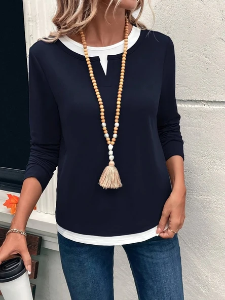 Kadın Uzun Kollu V Yakalı çift Renkli Viskon Iki Iplik Bluz - Resim 4