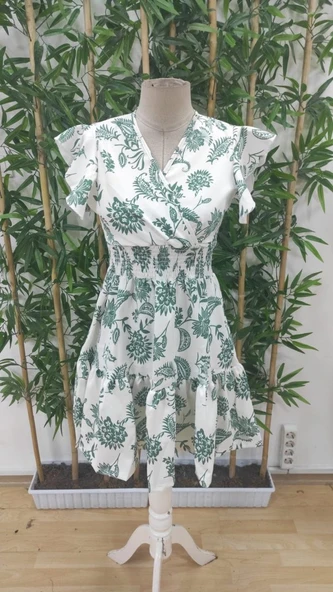 Kadın Kısa Fırfır Kollu Kruvaze Yaka çiçekli Atlas Elbise - Resim 4