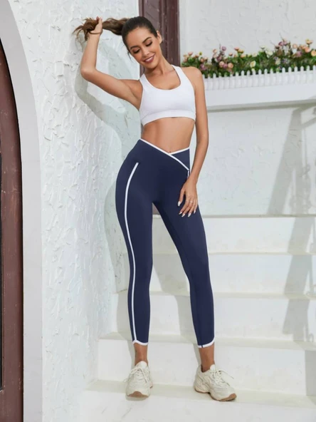 Kadın Yüksek Bel çapraz Bel şerit Detay Dalgıç Tayt - Resim 4