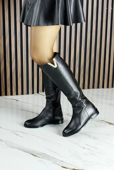 Erkan Saçmacı Siyah Hakiki Dana Derisi Metal Aksesuarlı Fermuarlı Yuvarlak Burun Kalın Topuklu Çizme - 7