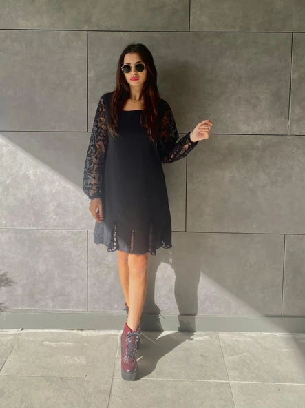 Kadın Uzun Kollu Yuvarlak Yaka Kol Ve Etek Ucu Dantelli Kısa Ithal Krep Elbise - Resim 6