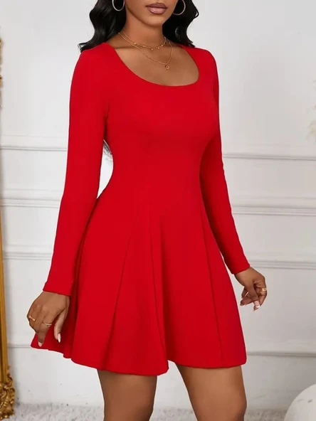 Kadın Uzun Kollu Kare Yakalı Mini Ithal Krep Elbise - Resim 2