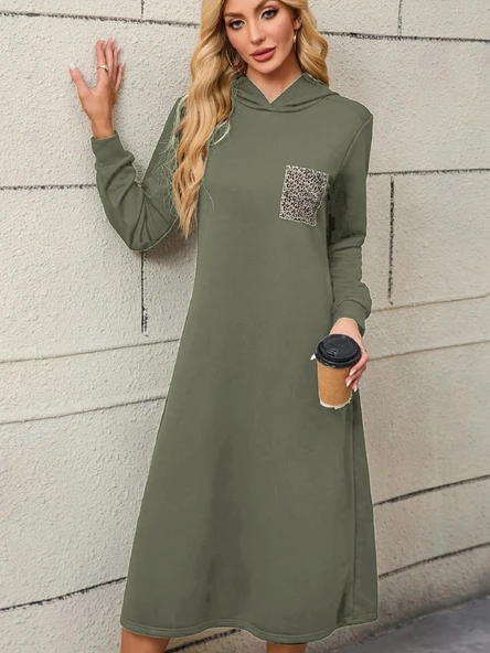 Kadın Uzun Kollu Kapşonlu Cep Detaylı Viskon Iki Iplik Maxi Elbise ürün görseli