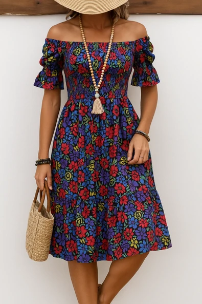 Kadın Kısa Kollu Kare Yakalı Beli Lastikli çiçek Desenli Mini Süprem Elbise ürün görseli