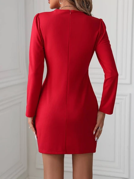 Kadın Uzun Kollu Bisiklet Yaka Bel Kemer Detay Ithal Krep Elbise - Resim 3