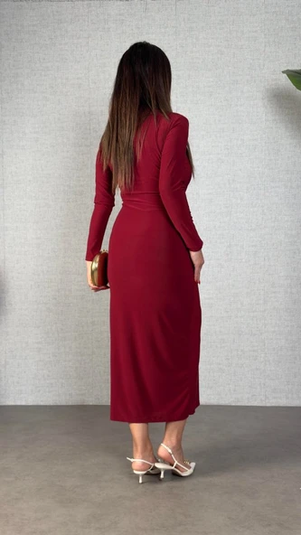 Kadın Balıkçı Yaka Toka Detay Sandy Kumaş Midi Boy Elbise - Resim 5