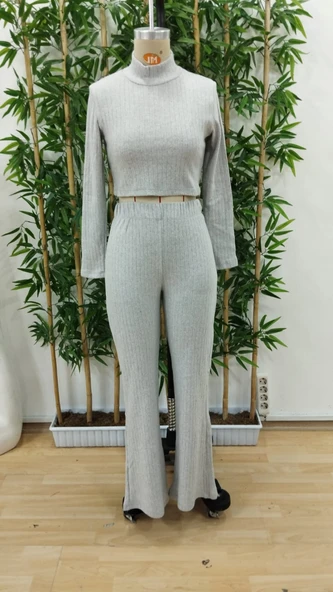 Kadın Uzun Kollu Balıkçı Yaka Krop Ve Pantolon şardonlu Kaşkorse Ikili Takım - Resim 6