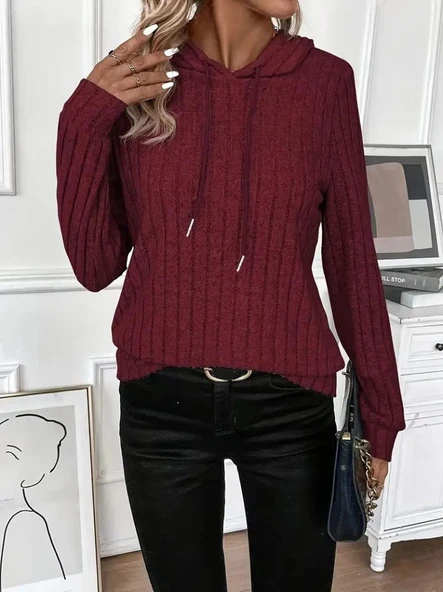 Kadın Uzun Kollu Kapşonlu Bağcıklı şardonlu Kaşkorse Bluz - Resim 6