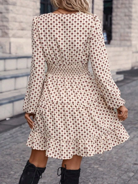 Kadın Uzun Kollu Kruvaze Yaka Desenli Mini Modal Elbise - Resim 4