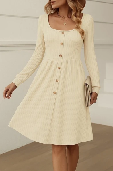 Kadın Uzun Kollu Kare Yaka Düğmeli Kısa şardonlu Iki Iplik Mini Elbise - Resim 2