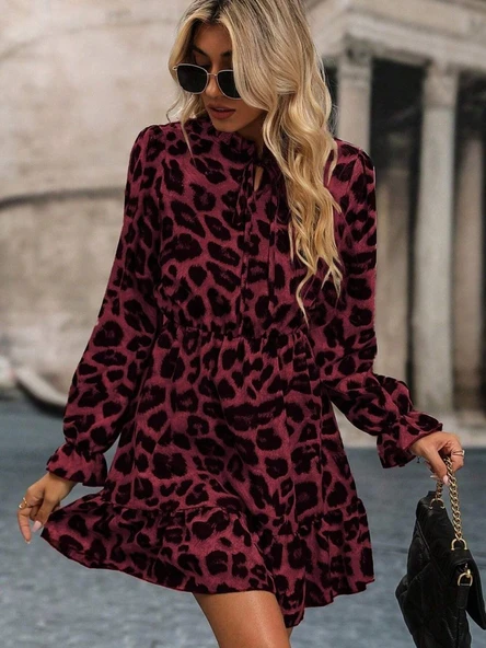 Kadın Uzun Kollu Yakadan Bağcıklı Modal Leopar Desenli Mini Elbise - Resim 2