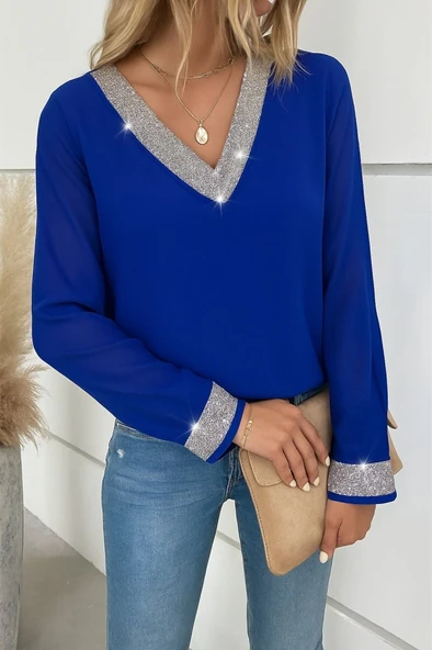 Kadın Uzun Kollu V Pulpayet Yakalı Ithal Krep Bluz - Resim 2