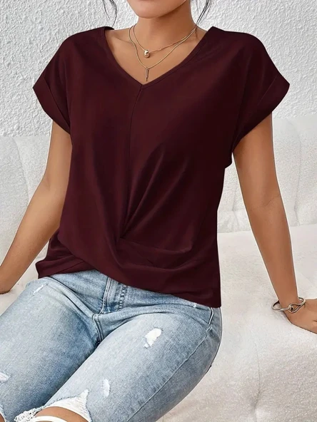 Kadın Kısa Kollu V Yakalı önden çapraz Geçmeli Detay Viskon Bluz - Resim 2