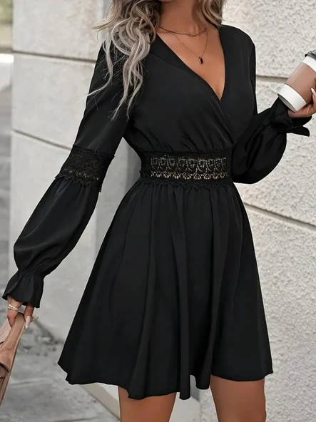 Kadın Uzun Kollu Kruvaze Yakalı Dantelli Fermuar Detaylı Kısa Ithal Krep Elbise - Resim 3