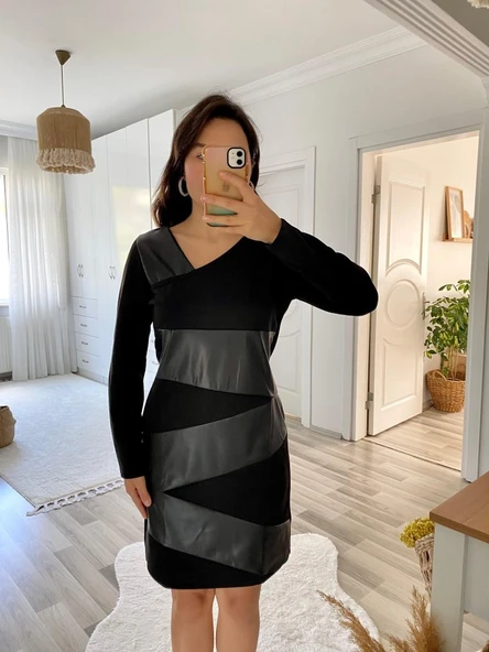 Kadın Uzun Kollu Asimetrik Yaka Süet Ve Deri Mini Boy Elbise - Resim 7