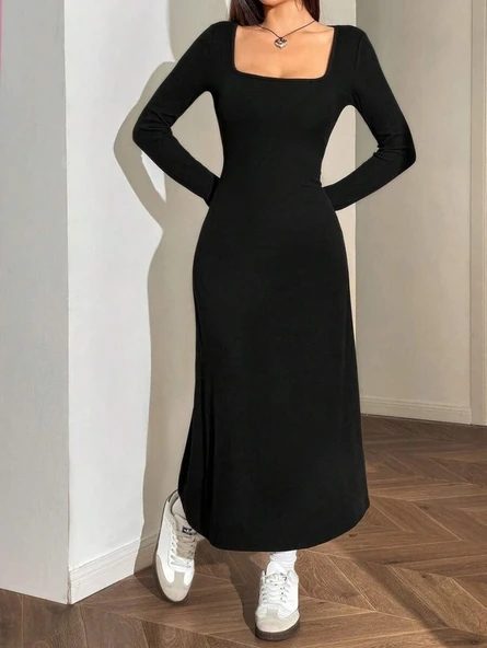 Kadın Uzun Kollu Kare Yaka Midi Kaşkorse Elbise - Resim 6