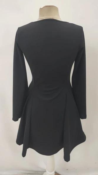 Kadın Uzun Kollu Kare Yakalı Mini Ithal Krep Elbise - Resim 7