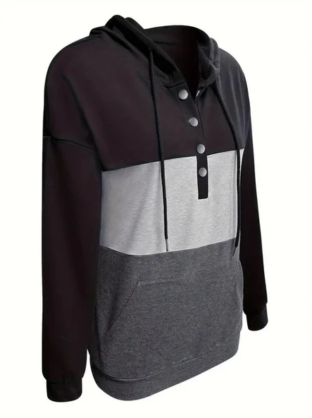 Kadın Uzun Kollu Kapşonlu çok Renkli Iki Iplik Bluz - Resim 4