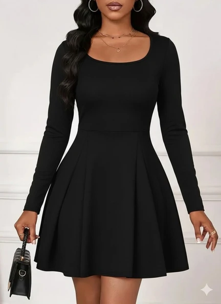 Kadın Uzun Kollu Kare Yakalı Mini Ithal Krep Elbise ürün görseli