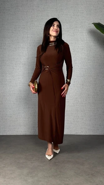 Kadın Balıkçı Yaka Toka Detay Sandy Kumaş Midi Boy Elbise - Resim 5