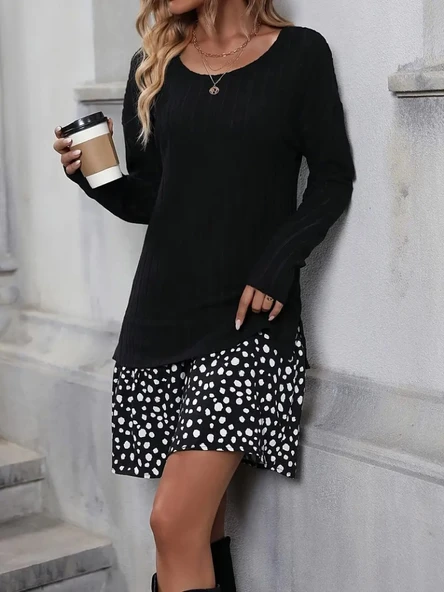 Kadın Uzun Kollu Bisiklet Yaka şardonlu Kaşkorse Bluz Ve Süprem Etek Elbise - Resim 2