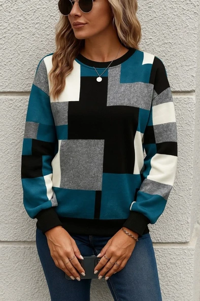Kadın Uzun Kollu Bisiklet Yaka Renkli Blok Baskı Dalgıç Bluz ürün görseli