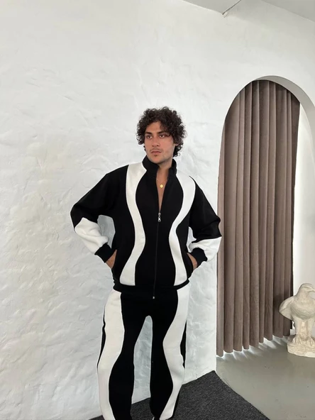 Erkek Premium Parçalı Eşofman Takım - Dik Yaka Fermuarlı Sweatshirt, - Siyah ürün görseli