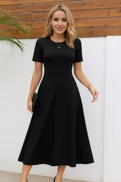 Kadın Kısa Kollu Bisiklet Yaka Maksi Boy Ithal Krep Elbise ürün görseli