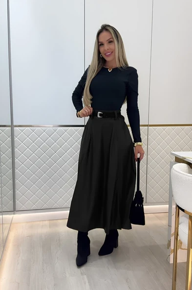Kadın Yüksek Belli Maxi Deri Kemersiz Etek - Resim 3