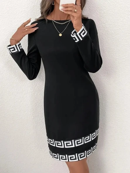 Kadın Uzun Kollu Bisiklet Yaka Mini Ithal Krep Elbise - Resim 4