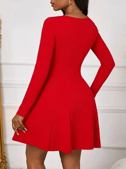 Kadın Uzun Kollu Kare Yakalı Mini Ithal Krep Elbise - Resim 4