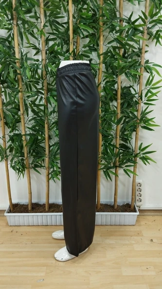 Kadın Yüksek Bel Beli Lastikli Geniş Paçalı Deri Pantolon - Resim 9