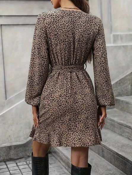 Kadın Uzun Kollu Kruvaze Yakalı Kuşaklı Desenli Kısa Modal Mini Elbise - Resim 6